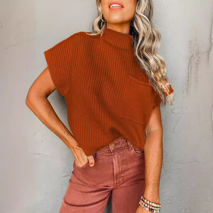 Dames décontracté pull à manches courtes avec col haut et poche plaquée Chic und Stil