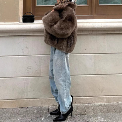 Ladies Short Faux Fur Coat with Large Collar Chic and Style