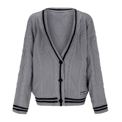 Cardigan en grosse maille pour femmes avec décolleté en V profond et détails de bouton contrastants Chic und Stil