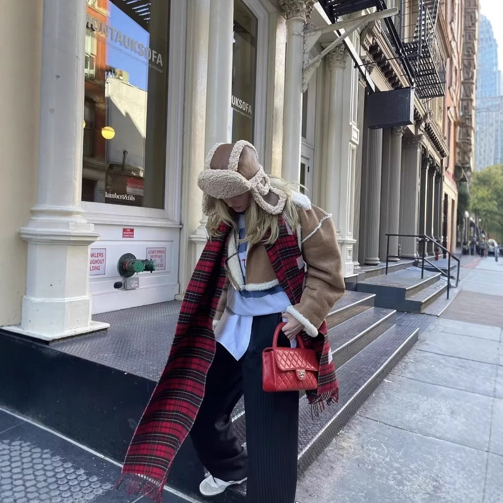 Dames cuir véritable veste de motard avec garniture en fausse fourrure Chic und Stil