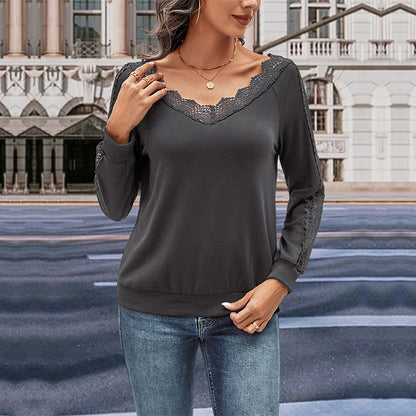 Chemisier à manches longues pour femmes avec ornements en dentelle et décolleté en V Chic und Stil