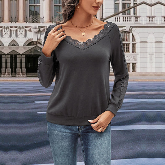 Chemisier à manches longues pour femmes avec ornements en dentelle et décolleté en V Chic und Stil