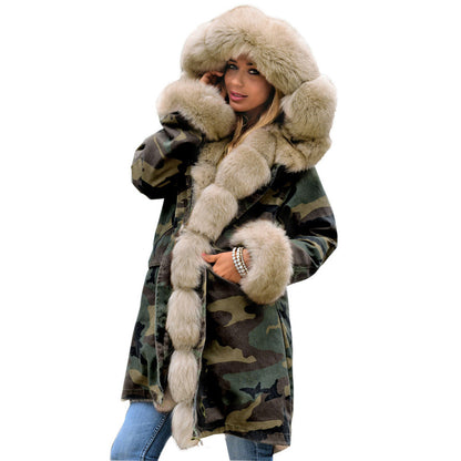 Dames camouflage manteau d'hiver avec col en fausse fourrure XXL et sangles amovibles Chic und Still