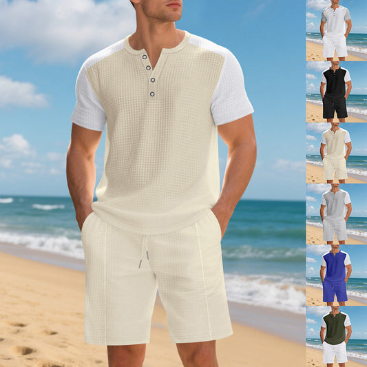 Homme ensemble court confortable à manches courtes avec haut structuré et shorts confortables Chic und Stil