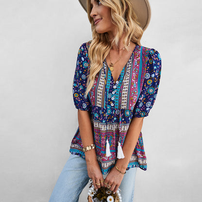 Dames Boho-Tunique avec manches élastiques et décolleté en V ludique Chic und Stil