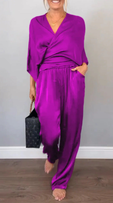 Women Elegant Wrap High-End with Loose Cut and Matching Palazzo Pants Chic and Style
