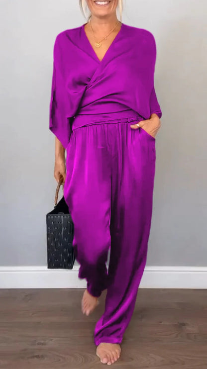 Women Elegant Wrap High-End with Loose Cut and Matching Palazzo Pants Chic and Style