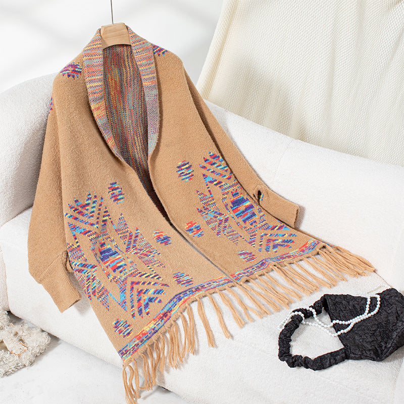 Wool poncho for women with colorful Navajo pattern and fringed hem Chic and Style