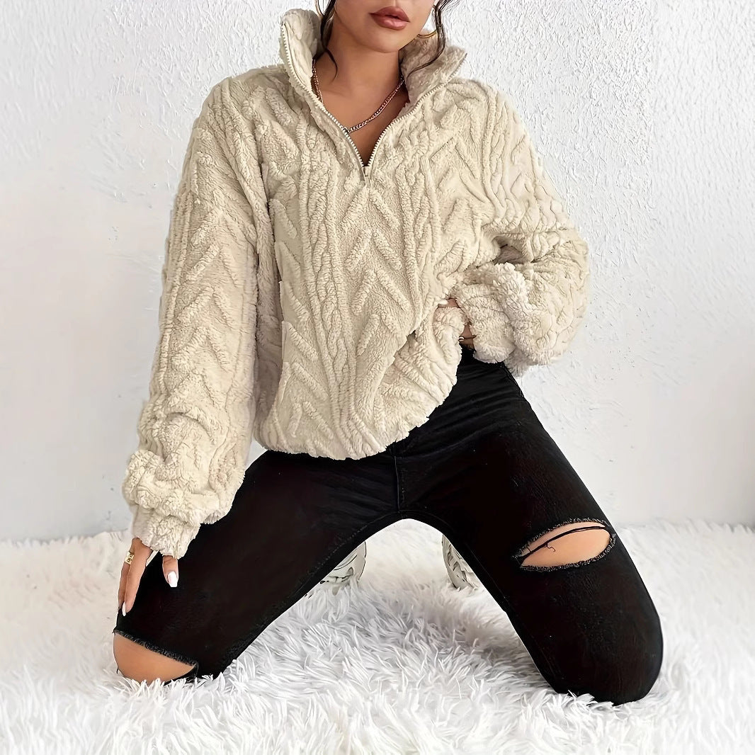 Dames Pull-over oversized pelucheux avec fermeture éclair et structure côtelée Chic und Stil