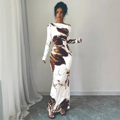 Dames Élégant Robe Maxi avec décolleté asymétrique et design floral Chic und Stil
