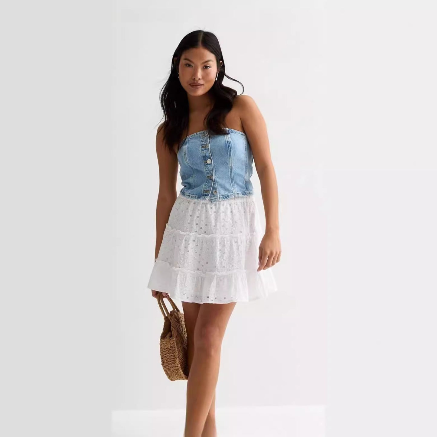 Dames Denim-Crop-Top avec chemisier romantique à volants Chic und Stil