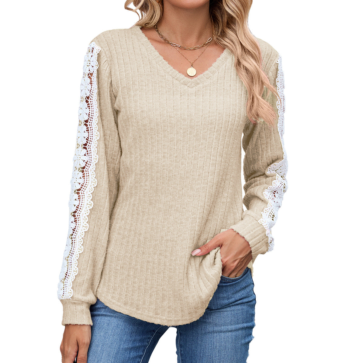 Dames Pull V-Ajusté à Col en V avec Détails en Dentelle Chic und Stil