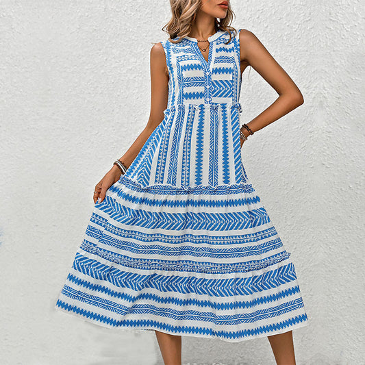 Robe mi-longue sans manches élégante pour femme avec imprimé géométrique et détails de bouton Chic und Stil