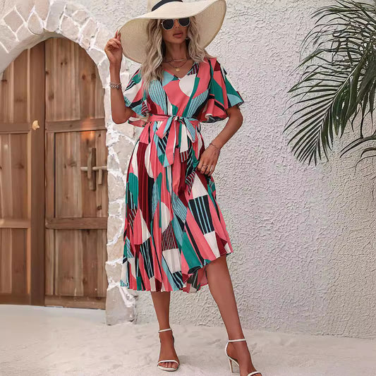 Robe midi pour femme avec motif graphique et ceinture élastique à la taille Chic und Stil