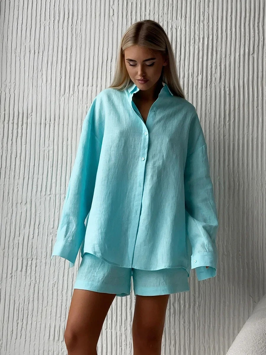 Ensemble blouse en lin décontracté et shorts Chic und Stil pour femmes
