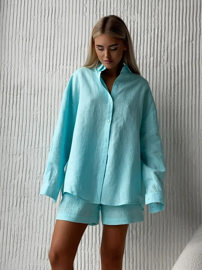 Ensemble blouse en lin décontracté et shorts Chic und Stil pour femmes