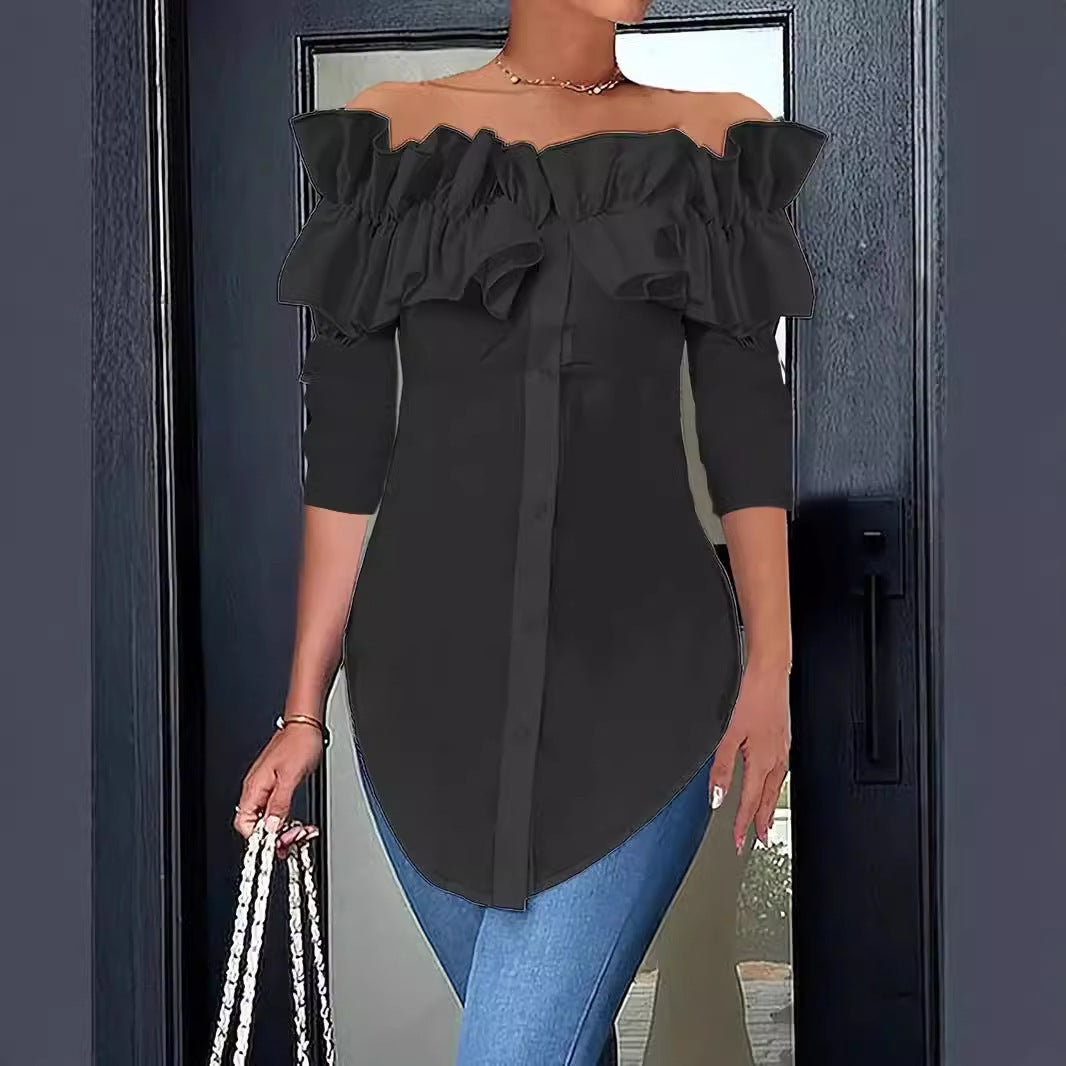 Chemisier femme épaules nues avec volants et patte de boutonnage Chic und Stil