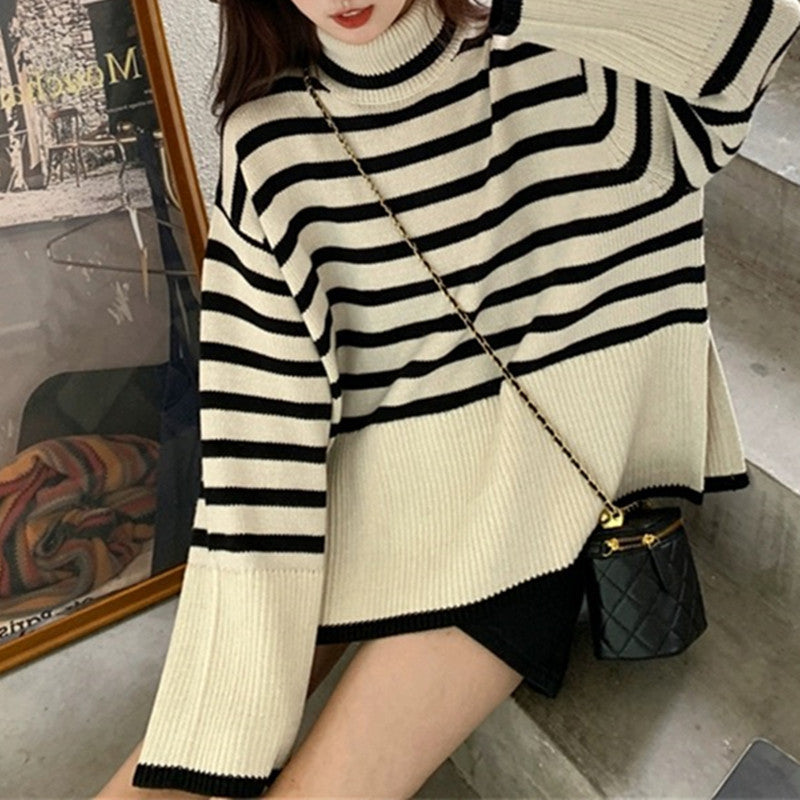 Pull à col montant décontracté pour femmes avec motif à rayures Chic und Stil