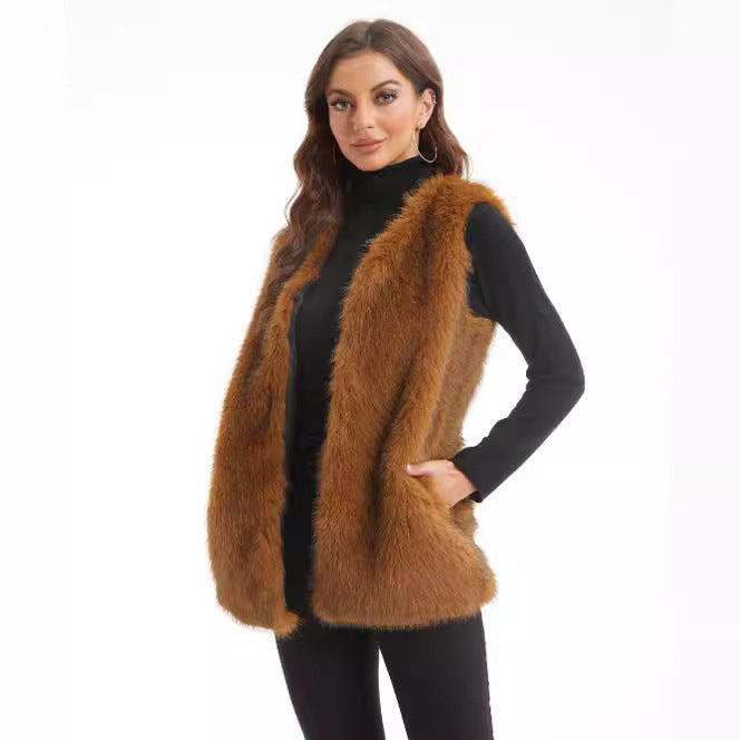 Dames Gilet en fourrure synthétique douce avec design ouvert et poches latérales Chic und Stil