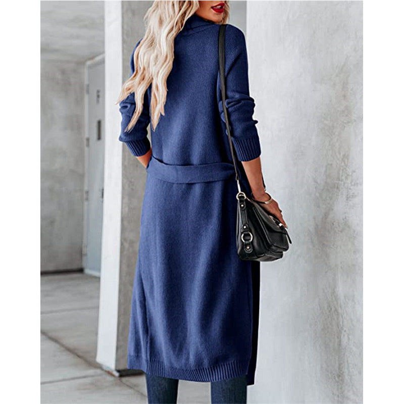 Dames élégant long Cardigan avec ceinture à la taille et poches Chic und Stil