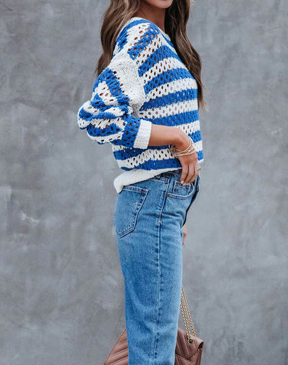 Pull en tricot aéré pour femmes avec un grand motif en losanges et un design rayé Chic und Stil