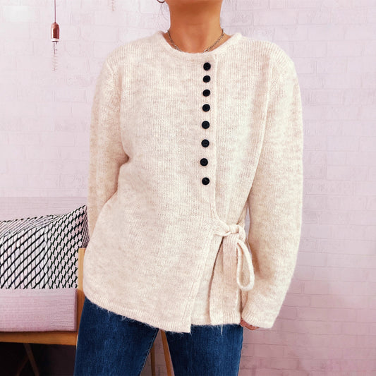 Dames Pull en V laine douillet avec ceinture élégante et détails de boutons modernes Chic und Stil