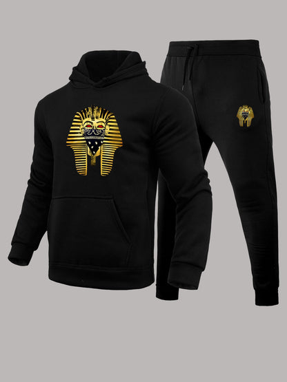 Men's hooded sweatshirt and jogger pants set with artistic pharaoh pattern Chic and Style