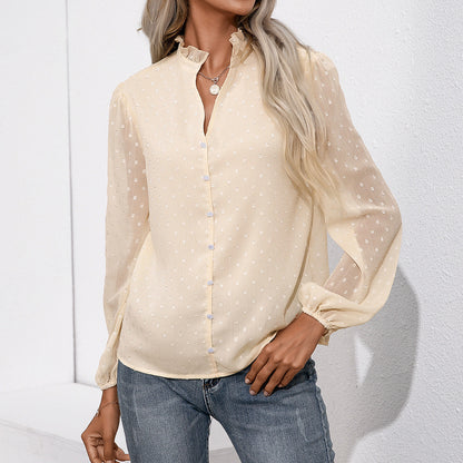 Blouse à volants pour femmes avec des manches transparentes et un motif à pois fin Chic und Stil