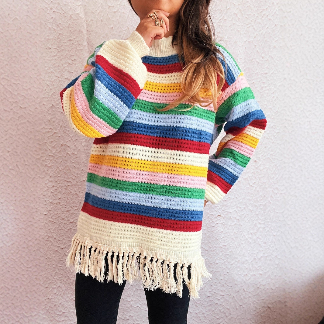 Pull femme charmant avec franges et motif rayé coloré Chic und Stil