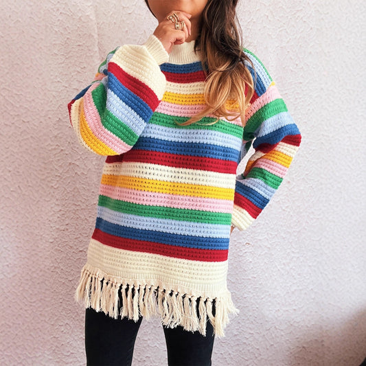 Pull femme charmant avec franges et motif rayé coloré Chic und Stil