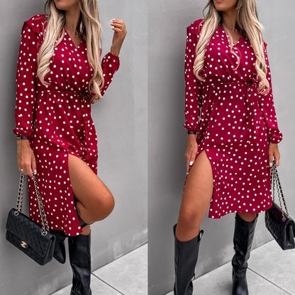 Women's Polka Dot Wrap Dress with High Slit Chic and Style
