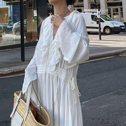 Robe maxi fluide pour femmes avec détails en volants et ceinture élastique Chic und Stil