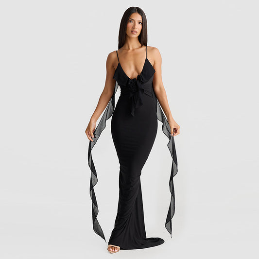 Dames Robe élégante avec détail de volants flottants et longues bandes Chic und Stil