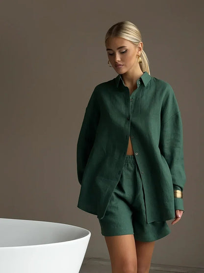 Ensemble blouse en lin décontracté et shorts Chic und Stil pour femmes