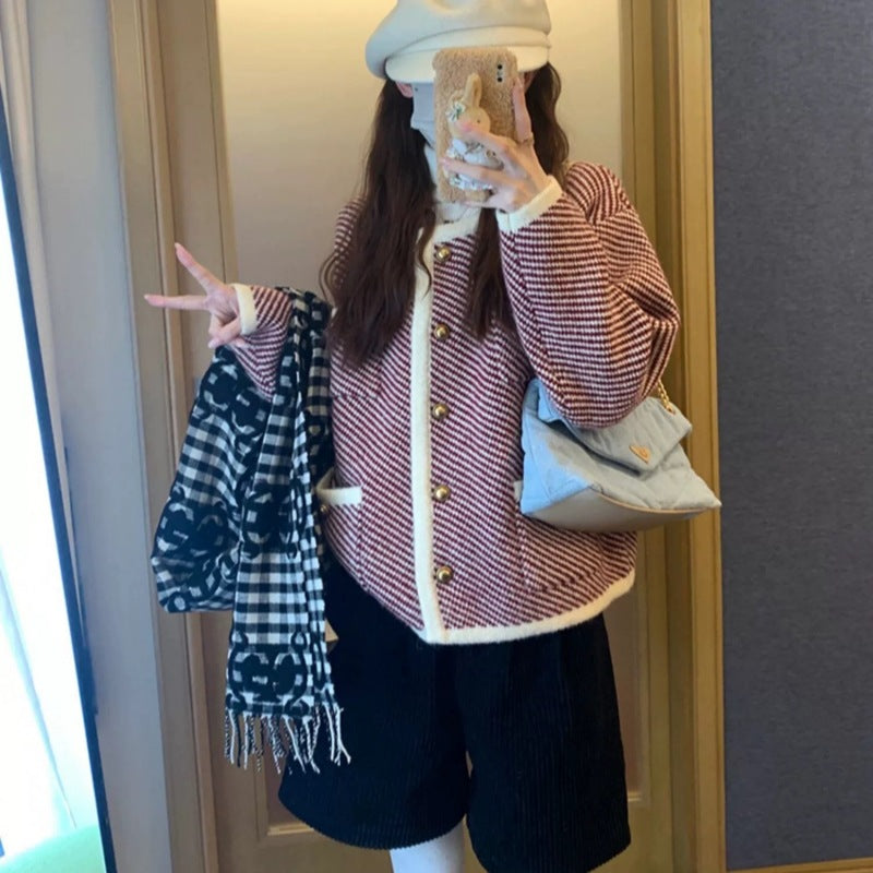 Dames élégant cardigan en design classique pied-de-poule avec boutons dorés Chic und Stil