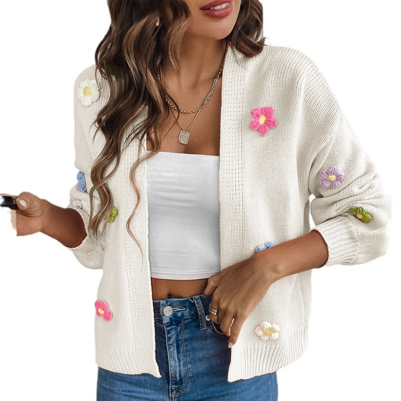 Dames cardigan en tricot décontracté avec appliqués de fleurs colorées Chic und Stil