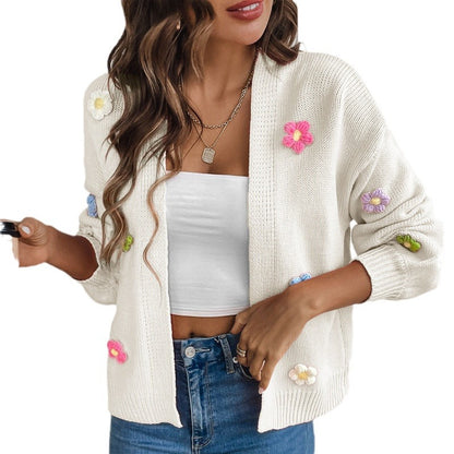 Dames cardigan en tricot décontracté avec appliqués de fleurs colorées Chic und Stil