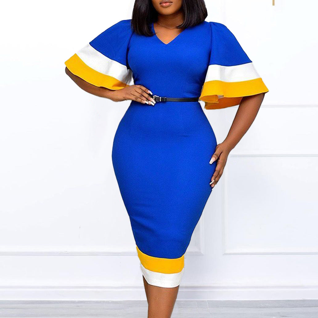 Dames Élégant Robe à Décolleté en V avec Manches Volantes Contrastées et Ceinture à la Taille Chic und Stil
