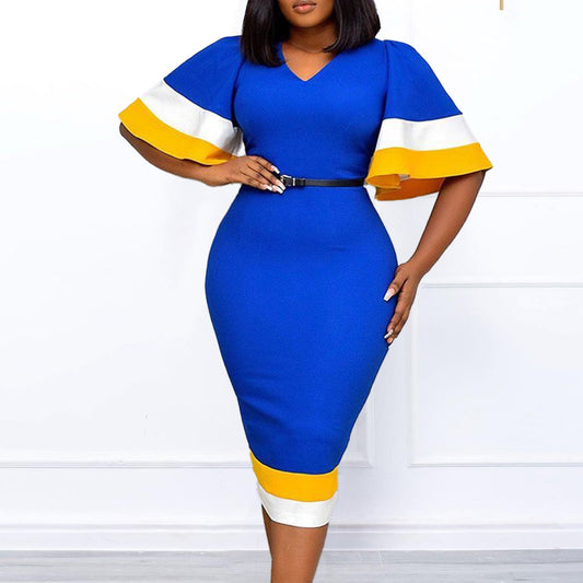 Dames Élégant Robe à Décolleté en V avec Manches Volantes Contrastées et Ceinture à la Taille Chic und Stil