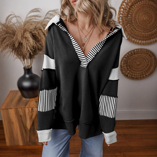Pull confortable pour femmes avec col de chemise et manches rayées Chic und Stil