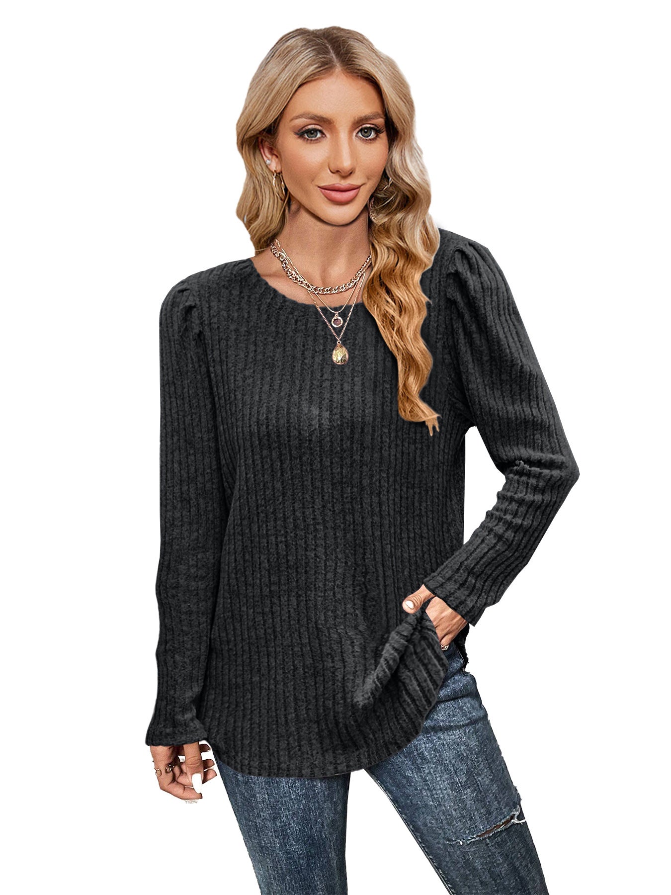 Pull en tricot pour femmes avec manches bouffantes et motif en fines côtes Chic und Stil