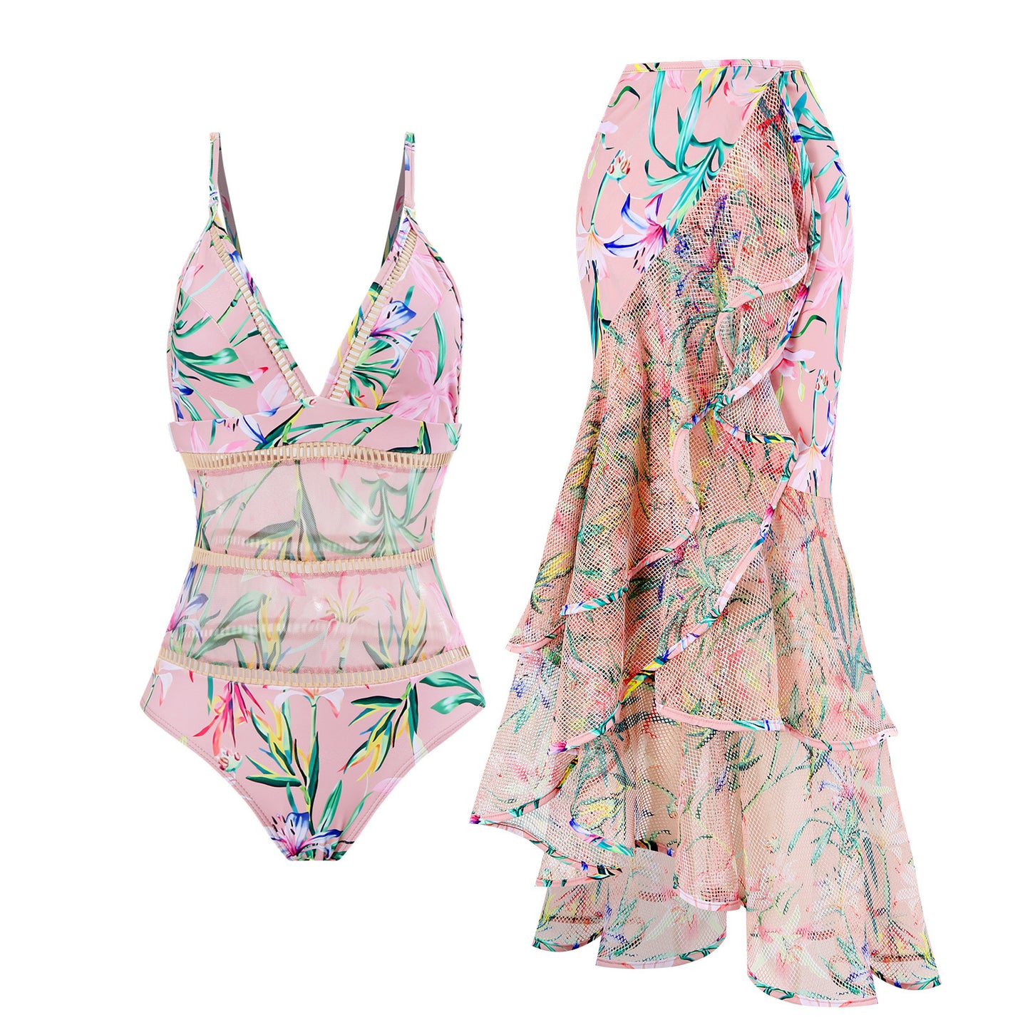 Women's swim set with wrap skirt and floral design Chic and Style