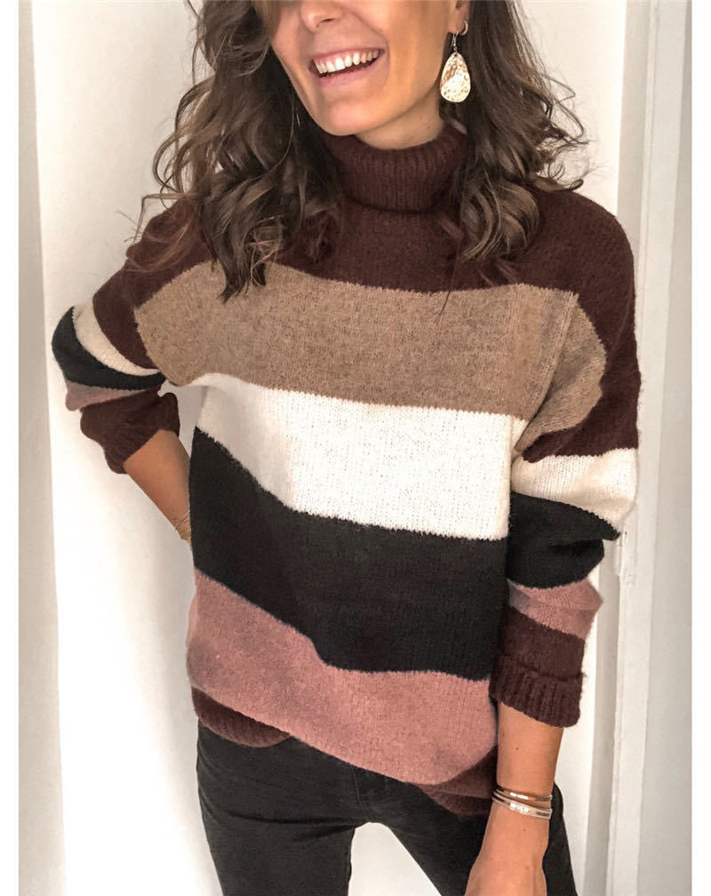 Pull en tricot tendance pour femmes avec col roulé décontracté et design à blocs de couleurs Chic und Stil