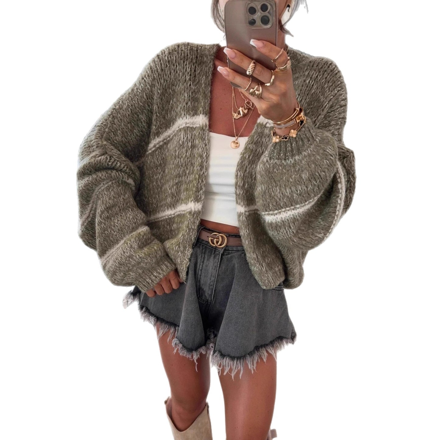 Dames gros tricot cardigan avec coupe décontractée et motif rayé à la mode Chic und Stil