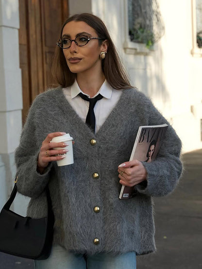 Dames douce et douillette veste tricotée avec boutons dorés Chic und Stil