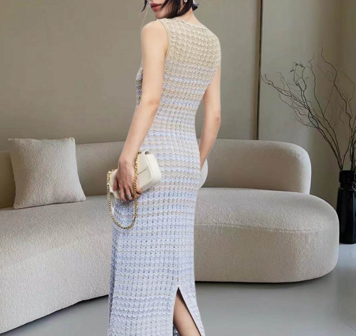 Robe maxi en tricot pour dames avec fente latérale et motif élégant Chic und Stil