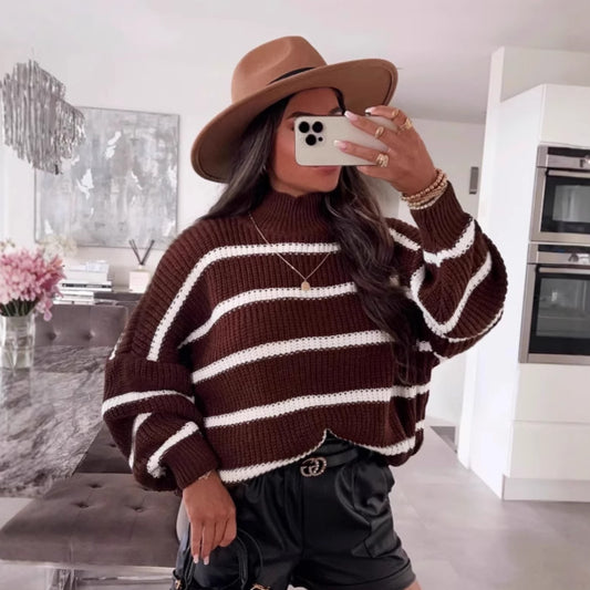 Pull oversized à rayures pour femmes avec un col roulé tendance Chic und Stil