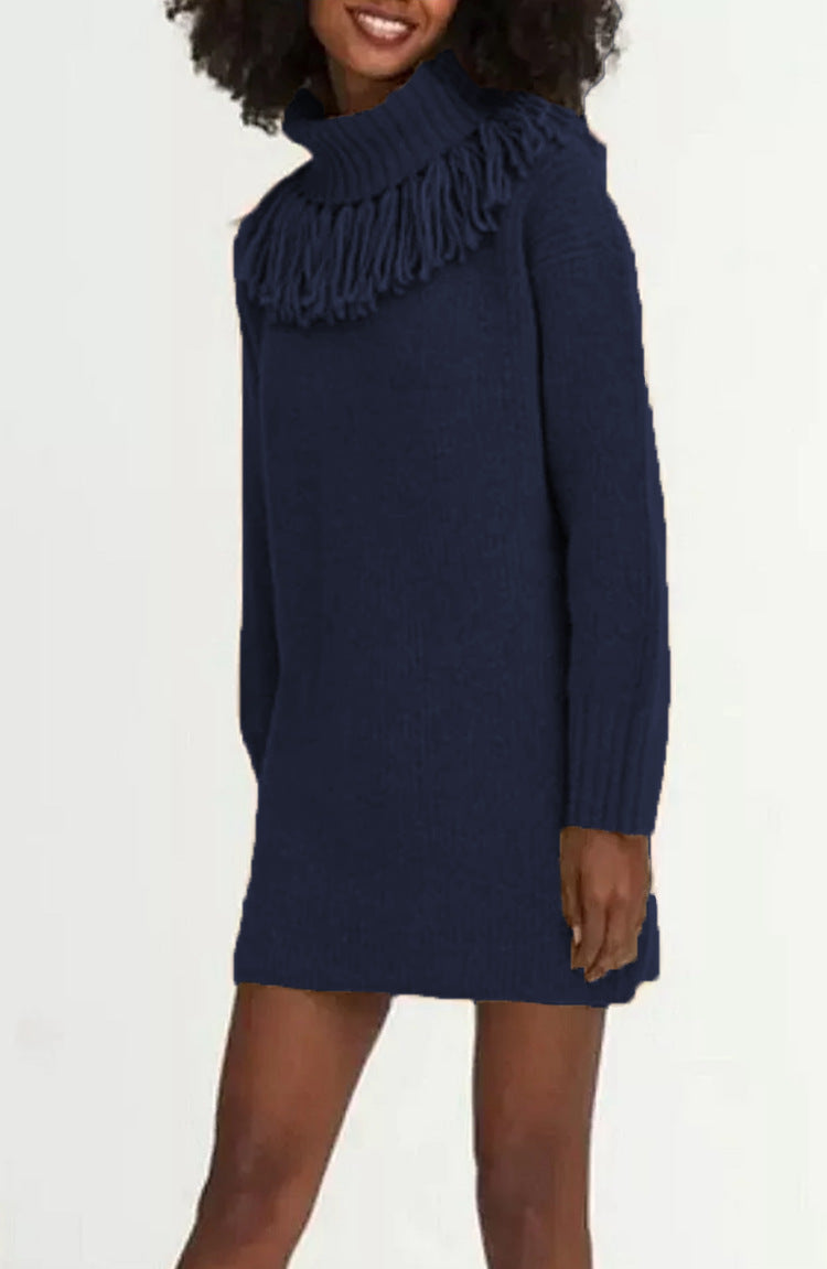 Robe tricot pour femmes avec col à franges et manches côtelées Chic und Stil