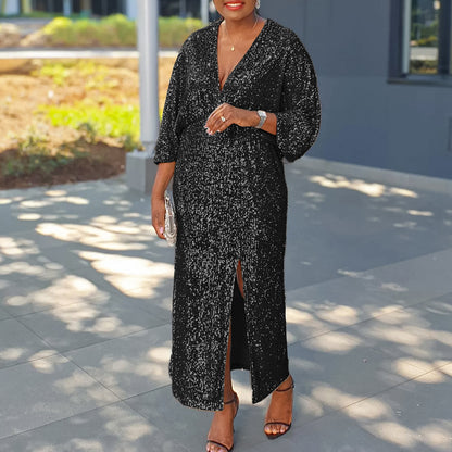 Robe de soirée scintillante pour femmes avec fente profonde et manches bouffantes luxueuses Chic und Stil