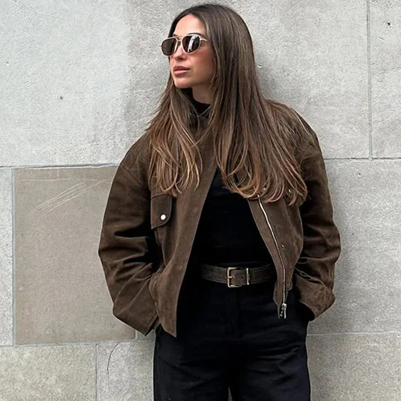 Dames Élégante Veste en Cuir Synthétique avec Col Montant Moderne Chic und Stil